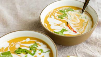 سوپ کدو حلوایی و شیر با لوبیا چشم بلبلی